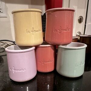 Set of 5 spring-colored La Fermiere glazed ceramic cups.